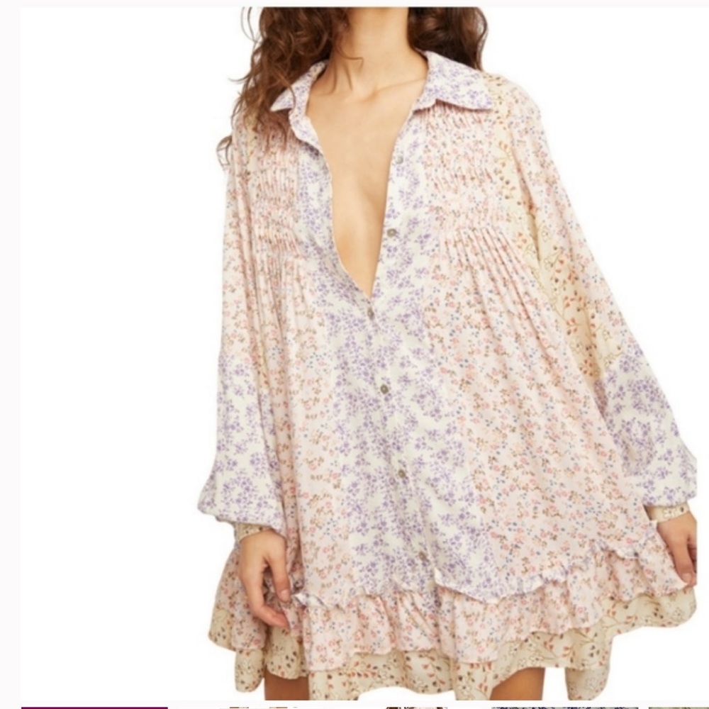 Free People Floral Print Tunic - Cream, Purple and Pink